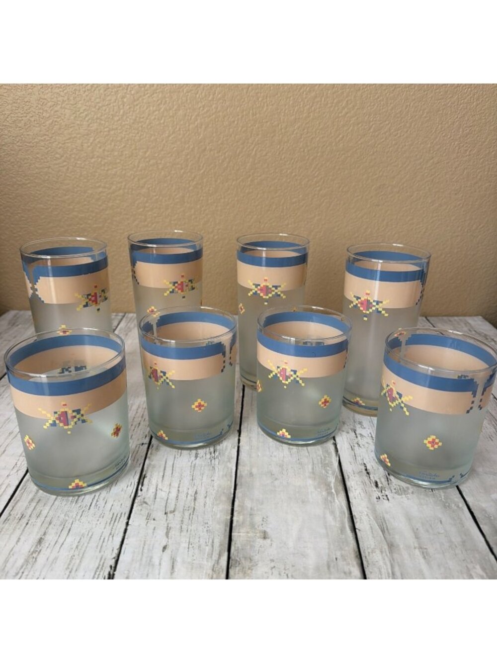 Vintage Noritake Arizona Frosted Glass Tumblers Set of 8 Southwest Santa Fe Azte